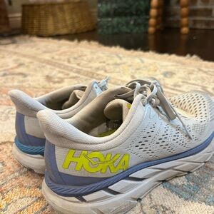 Hoka Light Gray and Blue Athletic Shoes